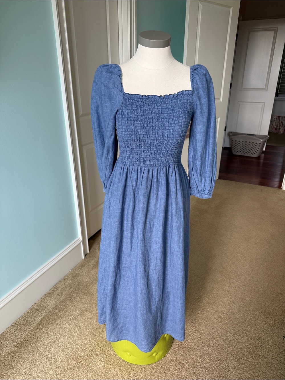 ANN MASHBURN Indigo-Blue Smocked Midi Dress with Puff Sleeves
